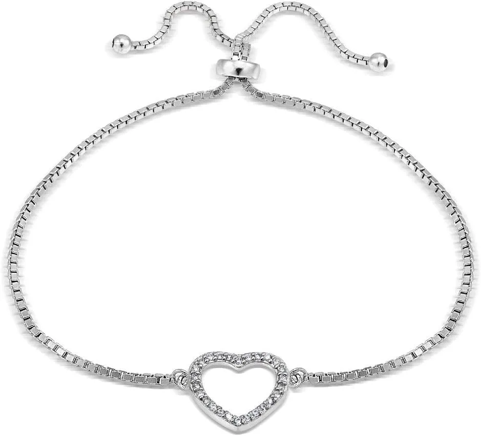 Hoops & Loops Sterling Silver Cubic Zirconia Open Heart Adjustable Bracelet