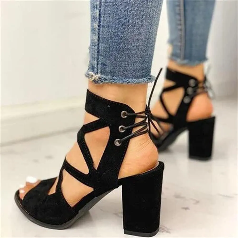 HOTRA Women Lace Up Strappy Pumps Vegan Sandals Open Toe Chunky Block High Heel Dress Party Sandal Shoes (Color : Black, Size : 4 US)