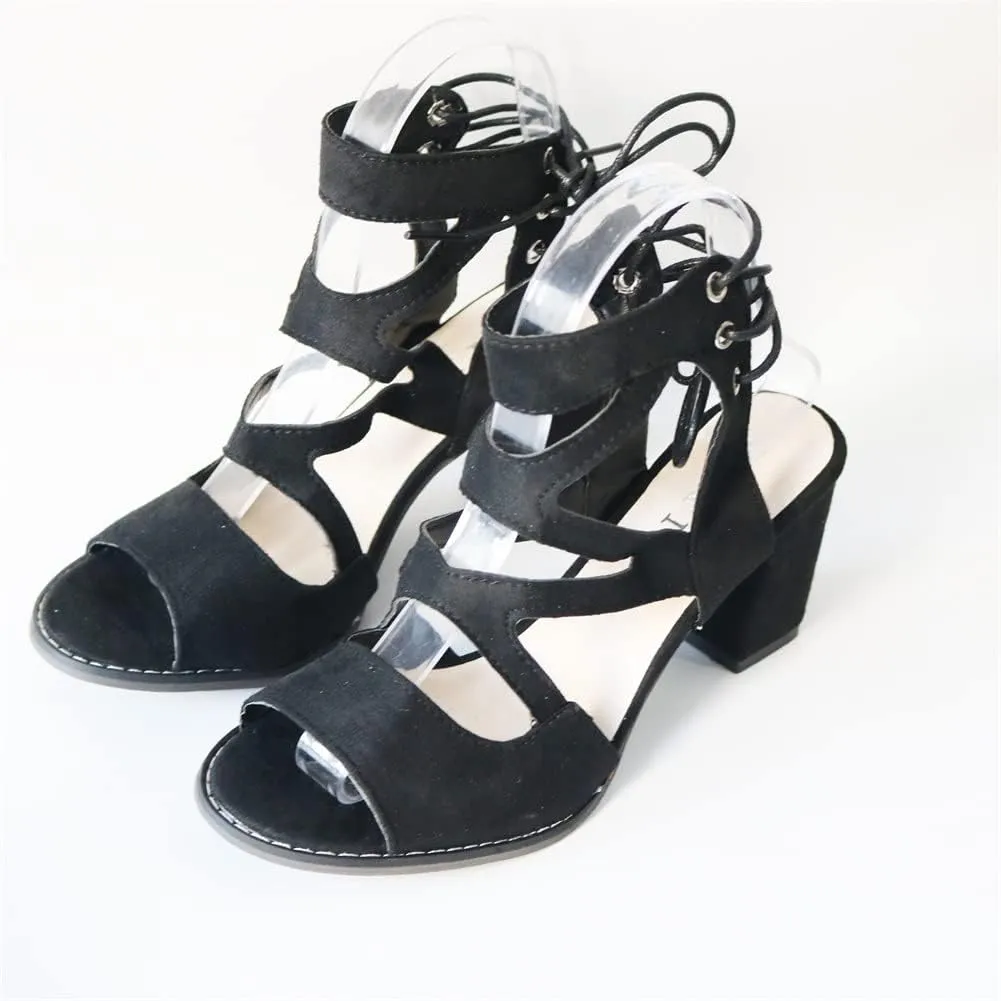 HOTRA Women Lace Up Strappy Pumps Vegan Sandals Open Toe Chunky Block High Heel Dress Party Sandal Shoes (Color : Black, Size : 4 US)