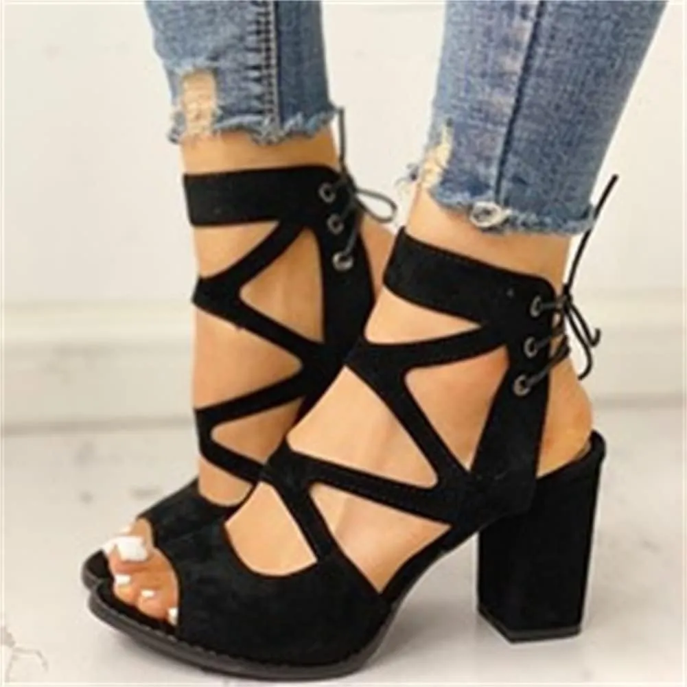 HOTRA Women Lace Up Strappy Pumps Vegan Sandals Open Toe Chunky Block High Heel Dress Party Sandal Shoes (Color : Black, Size : 4 US)