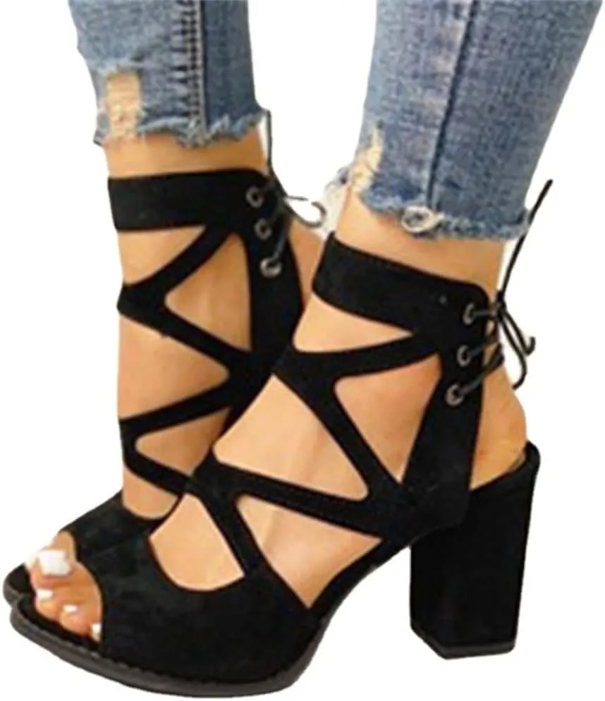 HOTRA Women Lace Up Strappy Pumps Vegan Sandals Open Toe Chunky Block High Heel Dress Party Sandal Shoes (Color : Black, Size : 4 US)