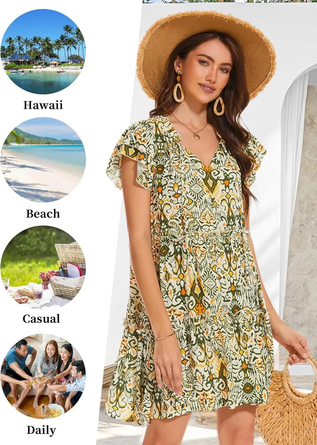 HUHOT Women Flowy Tiered Boho Mini Casual Summer Dress Beach Cover Up with Pockets
