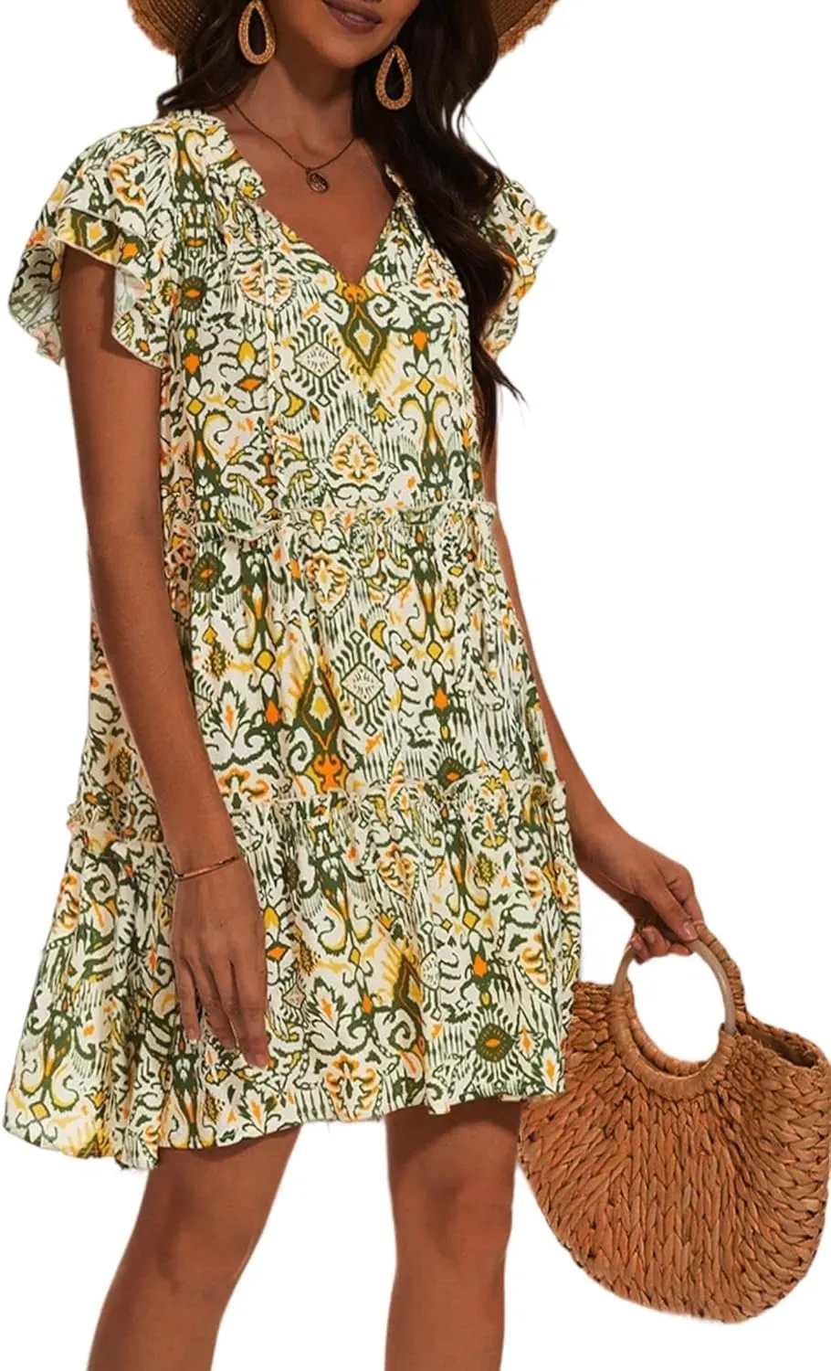 HUHOT Women Flowy Tiered Boho Mini Casual Summer Dress Beach Cover Up with Pockets