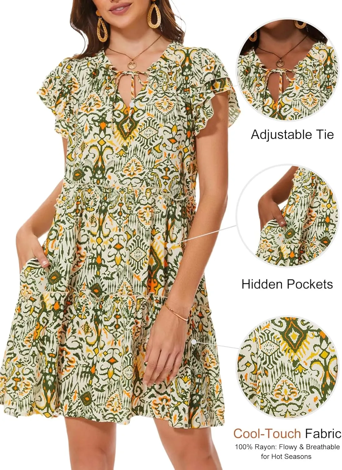 HUHOT Women Flowy Tiered Boho Mini Casual Summer Dress Beach Cover Up with Pockets