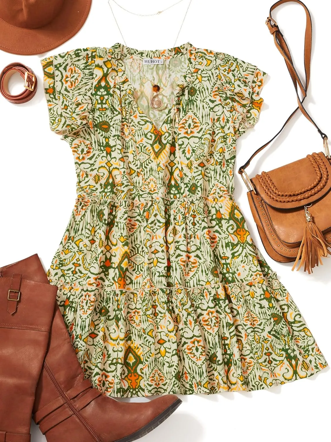 HUHOT Women Flowy Tiered Boho Mini Casual Summer Dress Beach Cover Up with Pockets