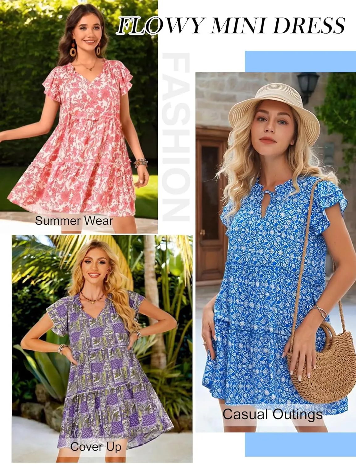 HUHOT Women Flowy Tiered Boho Mini Casual Summer Dress Beach Cover Up with Pockets