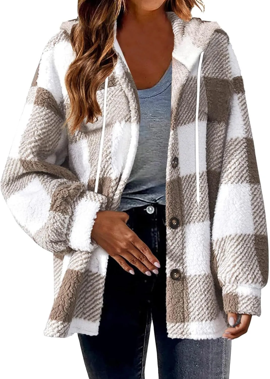 Hvyesh Teddy Bear Flannel Jacket Women Winter Clothes Hoodies, Oversized Fuzzy Fleece Sherpa Shacket Jackets for Women