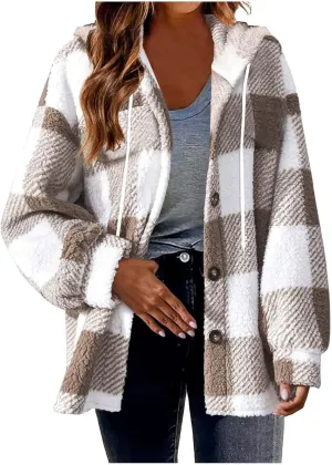 Hvyesh Teddy Bear Flannel Jacket Women Winter Clothes Hoodies, Oversized Fuzzy Fleece Sherpa Shacket Jackets for Women
