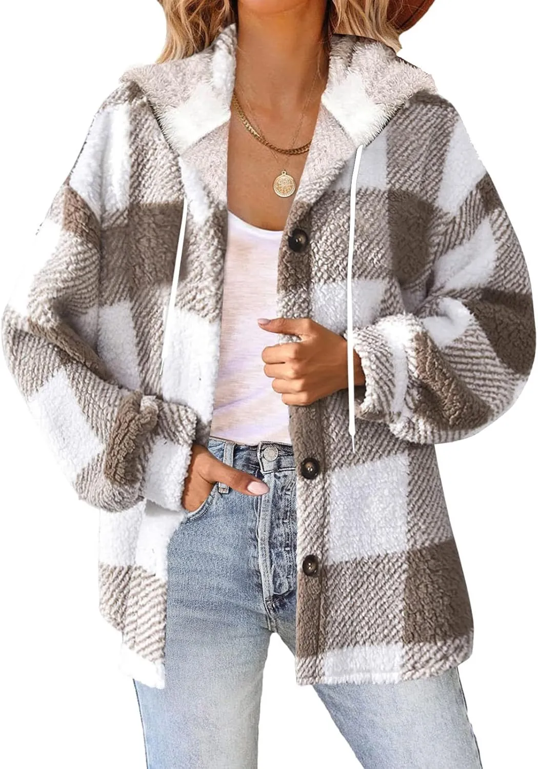 Hvyesh Teddy Bear Flannel Jacket Women Winter Clothes Hoodies, Oversized Fuzzy Fleece Sherpa Shacket Jackets for Women