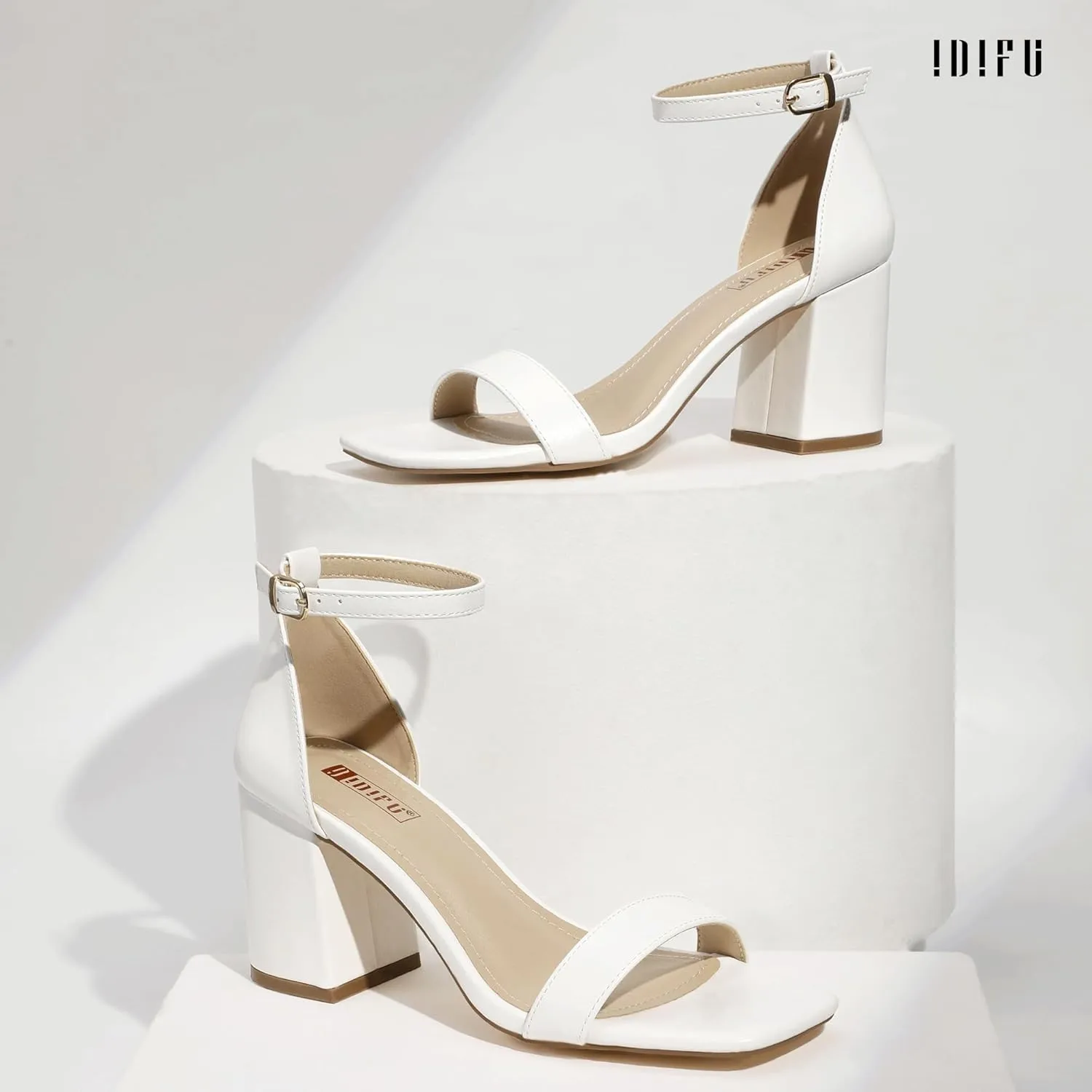 IDIFU IN3 Chunky Block Square Open Toe High Heels Ankle Strap Heeled Sandals Wedding Bride Bridal Prom Dance Summer Dressy Comfortable Sexy Trendy Bridesmaid Dress Shoes Cute Thick Heels for Women