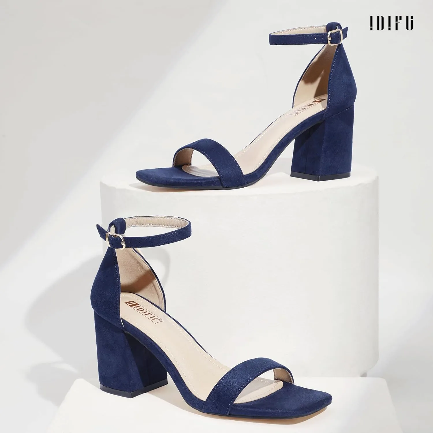 IDIFU IN3 Chunky Block Square Open Toe High Heels Ankle Strap Heeled Sandals Wedding Bride Bridal Prom Dance Summer Dressy Comfortable Sexy Trendy Bridesmaid Dress Shoes Cute Thick Heels for Women