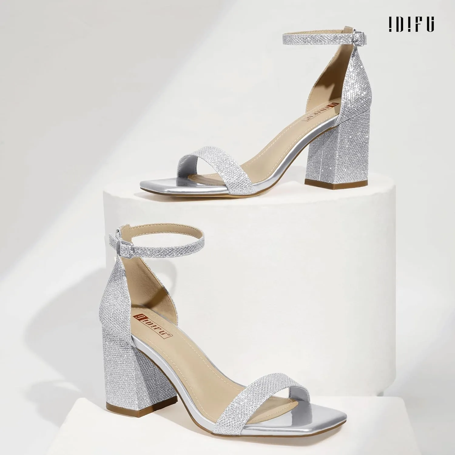 IDIFU IN3 Chunky Block Square Open Toe High Heels Ankle Strap Heeled Sandals Wedding Bride Bridal Prom Dance Summer Dressy Comfortable Sexy Trendy Bridesmaid Dress Shoes Cute Thick Heels for Women