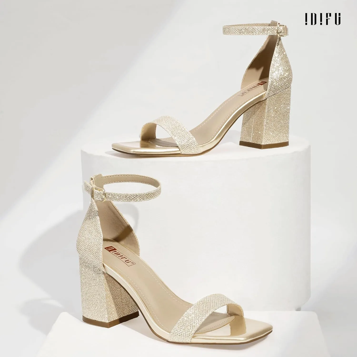 IDIFU IN3 Chunky Block Square Open Toe High Heels Ankle Strap Heeled Sandals Wedding Bride Bridal Prom Dance Summer Dressy Comfortable Sexy Trendy Bridesmaid Dress Shoes Cute Thick Heels for Women