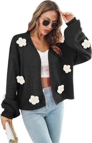 IDOPIP Women's Floral Applique Cardigan Long Lantern Sleeve Open Front Knitted Sweaters Casual Oversized Fall Cardigans Coat