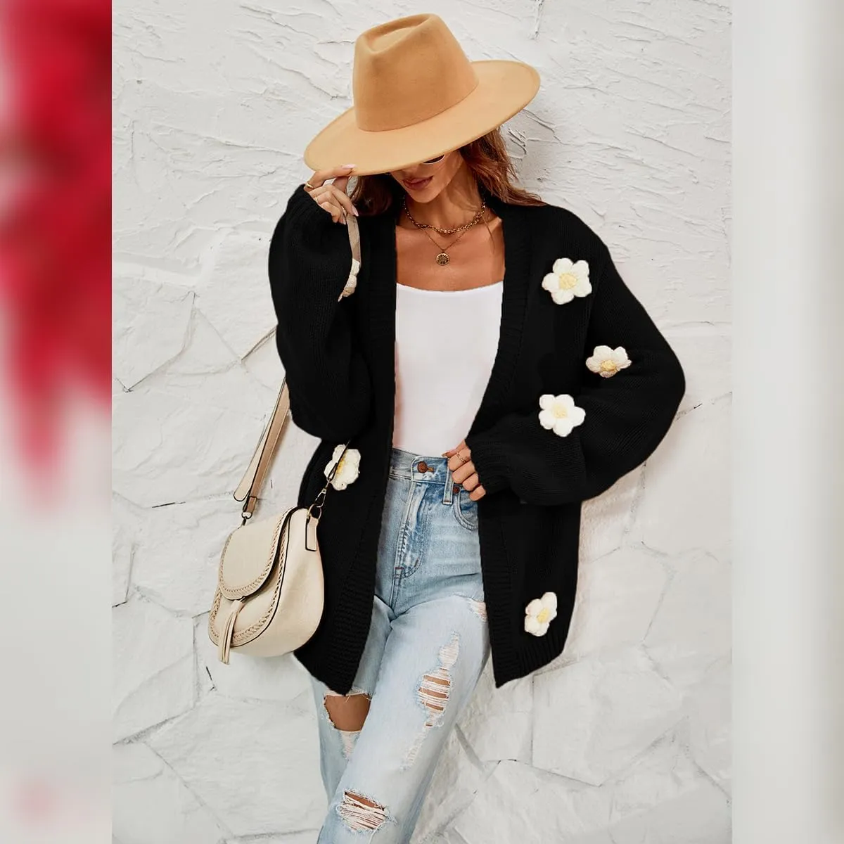 IDOPIP Women's Floral Applique Cardigan Long Lantern Sleeve Open Front Knitted Sweaters Casual Oversized Fall Cardigans Coat