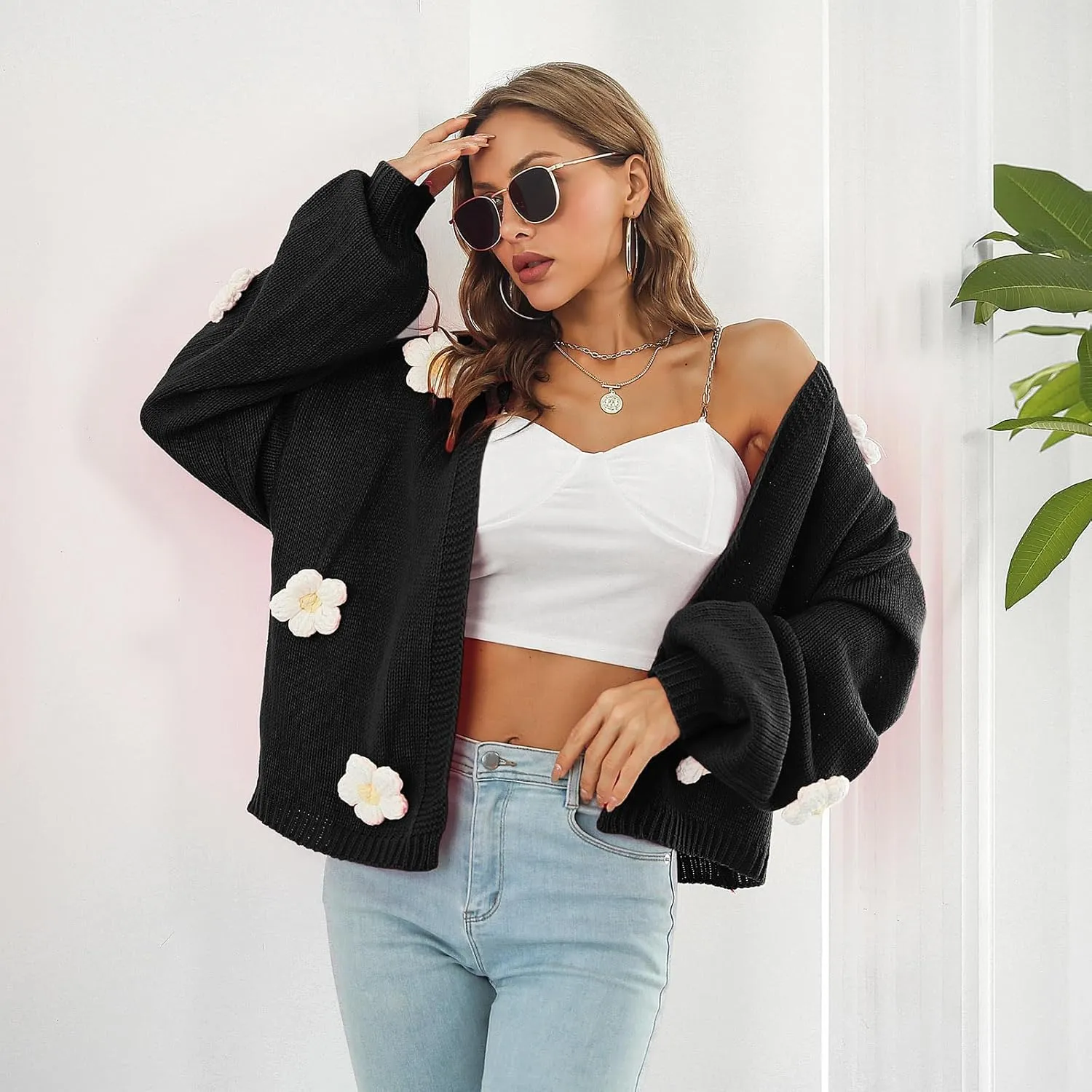 IDOPIP Women's Floral Applique Cardigan Long Lantern Sleeve Open Front Knitted Sweaters Casual Oversized Fall Cardigans Coat