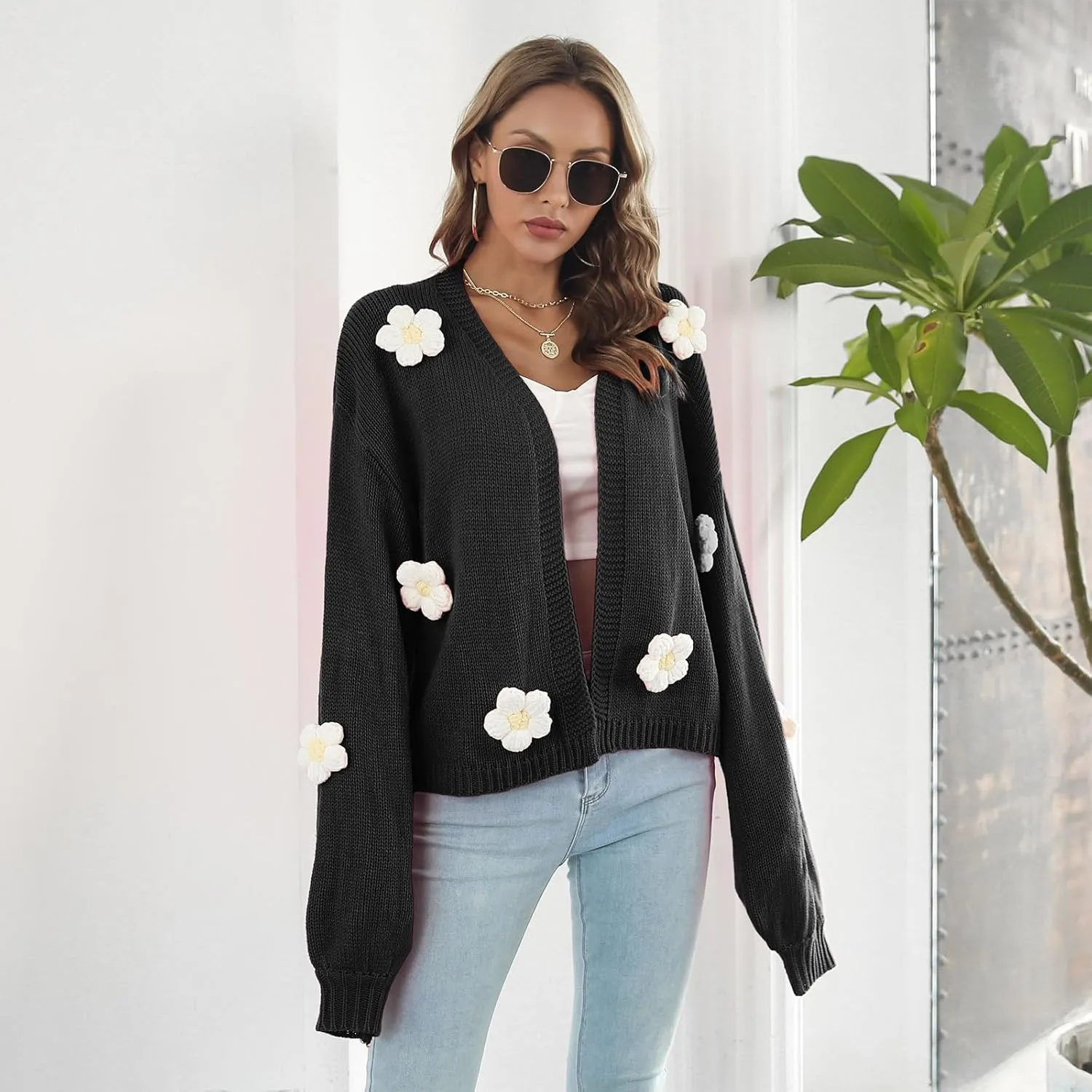 IDOPIP Women's Floral Applique Cardigan Long Lantern Sleeve Open Front Knitted Sweaters Casual Oversized Fall Cardigans Coat