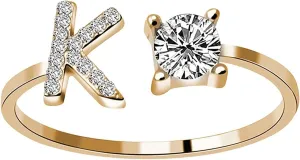 Initial Letter Ring for Women,Adjustable Alphabet Cubic Zirconia Rings Christmas Birthday Jewelry Gifts for Mother Daughter