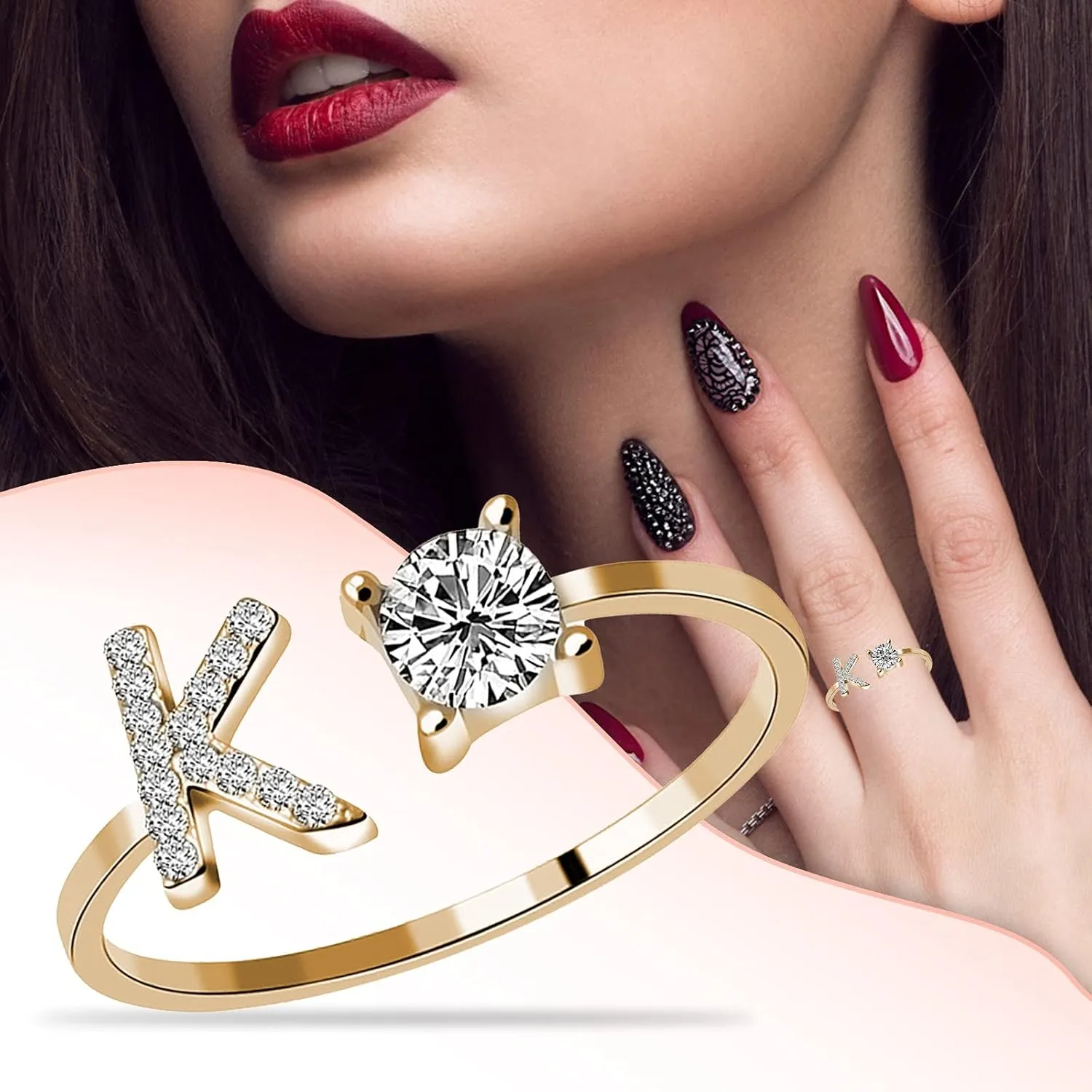 Initial Letter Ring for Women,Adjustable Alphabet Cubic Zirconia Rings Christmas Birthday Jewelry Gifts for Mother Daughter