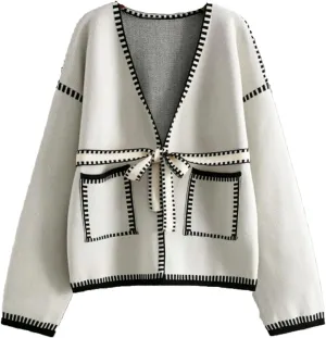 JASCLS Women's Trendy Casual Loose Oversized Color Block Long Sleeve Open Front Sweater Cardigans for Women