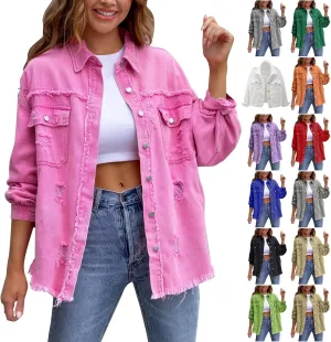 Jean Jacket Women,2024 Trendy Classic Lapel Button Down Up Frayed Hem Shacket Long Sleeve Distresse Trucker Coats