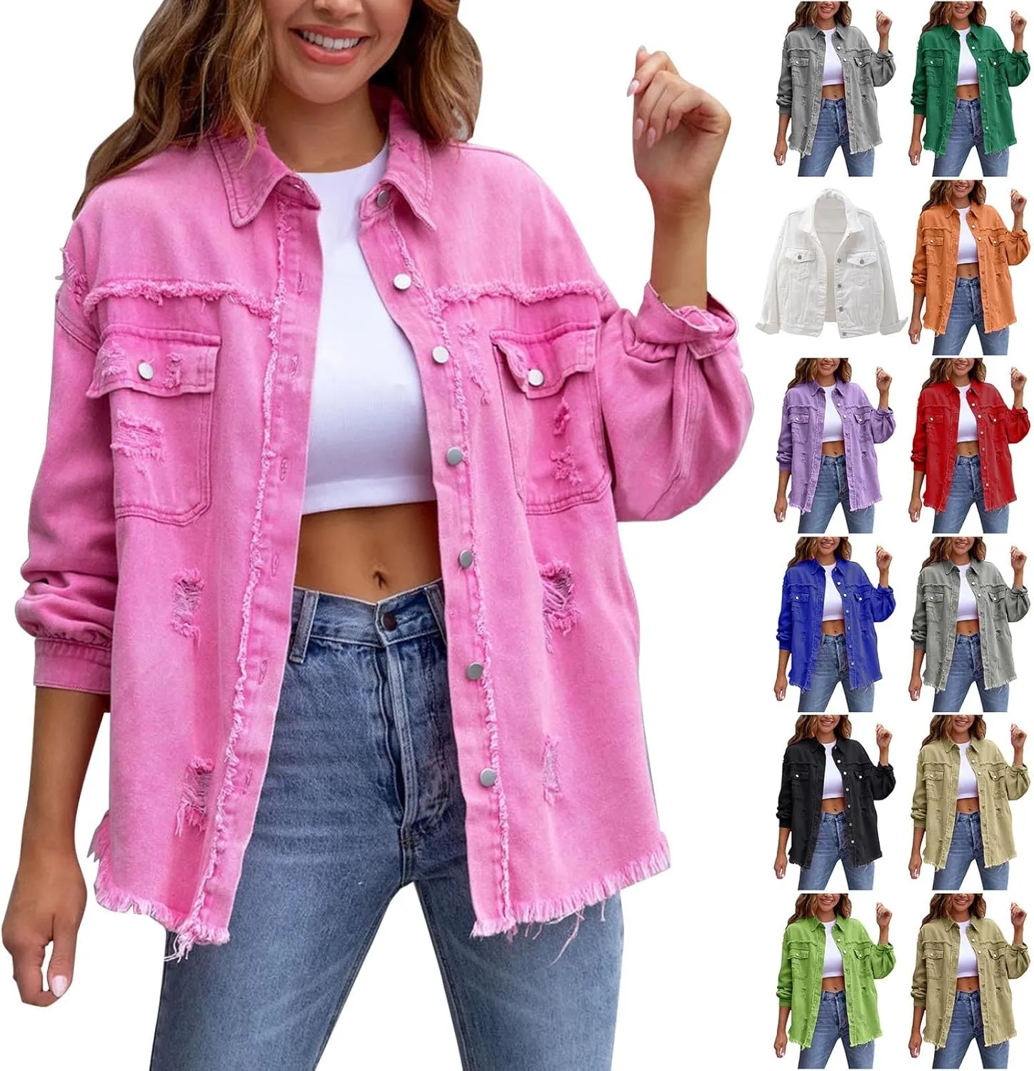 Jean Jacket Women,2024 Trendy Classic Lapel Button Down Up Frayed Hem Shacket Long Sleeve Distresse Trucker Coats