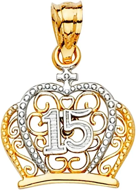 JewelryWeb 14k Gold 15 Years CZ Simulated Diamond Crown Pendant Necklace 15x20mm-Pendant for Women