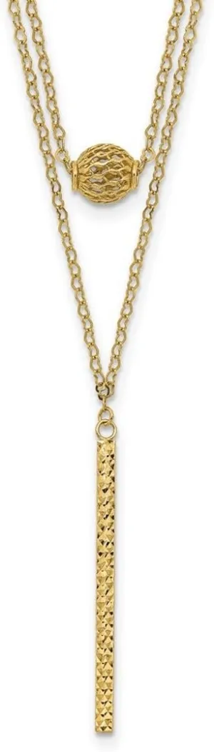 JewelryWeb 14k Gold Double Layer Hollow Bead Sparkle Cut Bar 2 In Necklace 16 Inch 1.58mm Wide Pendant-Necklace for Women