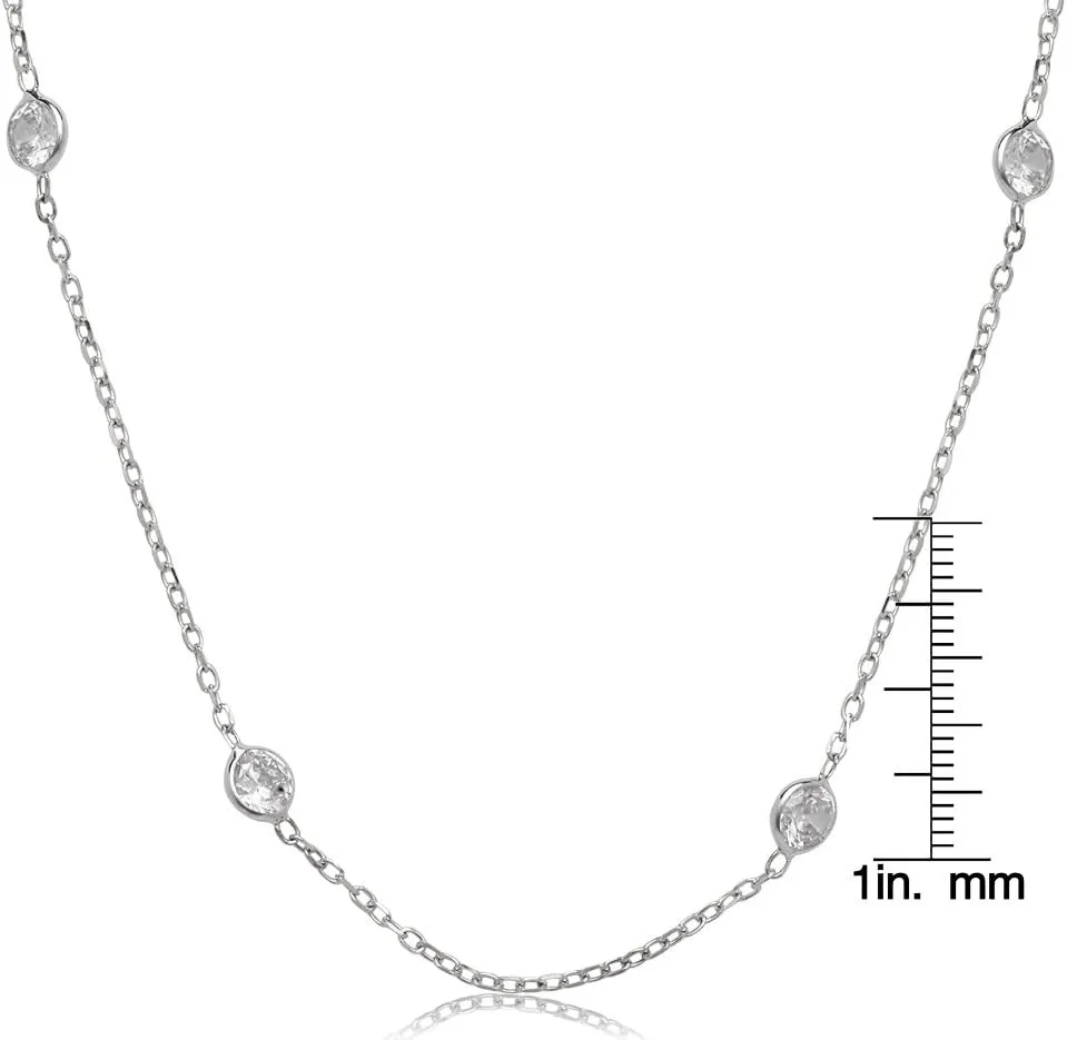 JewelryWeb - 14K White Gold Station Necklace | Simulated Diamond BTY Necklace | Womens CZ Chain Necklace | Layering Necklaces