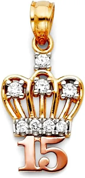 JewelryWeb 14k Yellow Gold and White Gold CZ Simulated Diamond 15 Years Crown Pendant Necklace 10x20mm-Pendant for Women