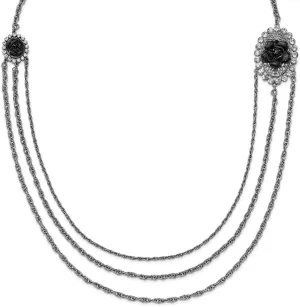 JewelryWeb Silver-tone Black Flowers and Clear Crystal Layered 36inch Necklace 42.5mm Wide Pendant-Necklace for Women