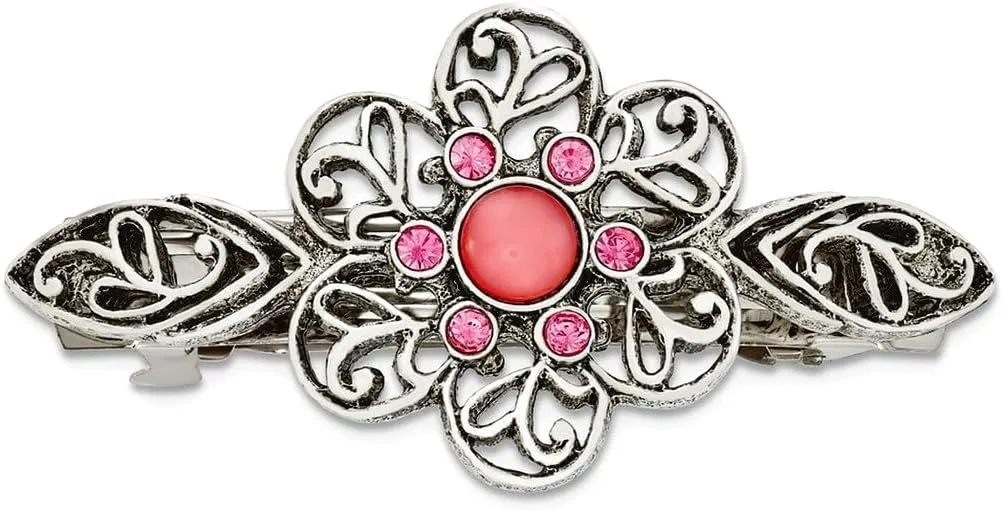 JewelryWeb Silver-tone Pink Cabochon and Crystal Flower Barrette Pendant Necklace for Women