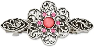 JewelryWeb Silver-tone Pink Cabochon and Crystal Flower Barrette Pendant Necklace for Women