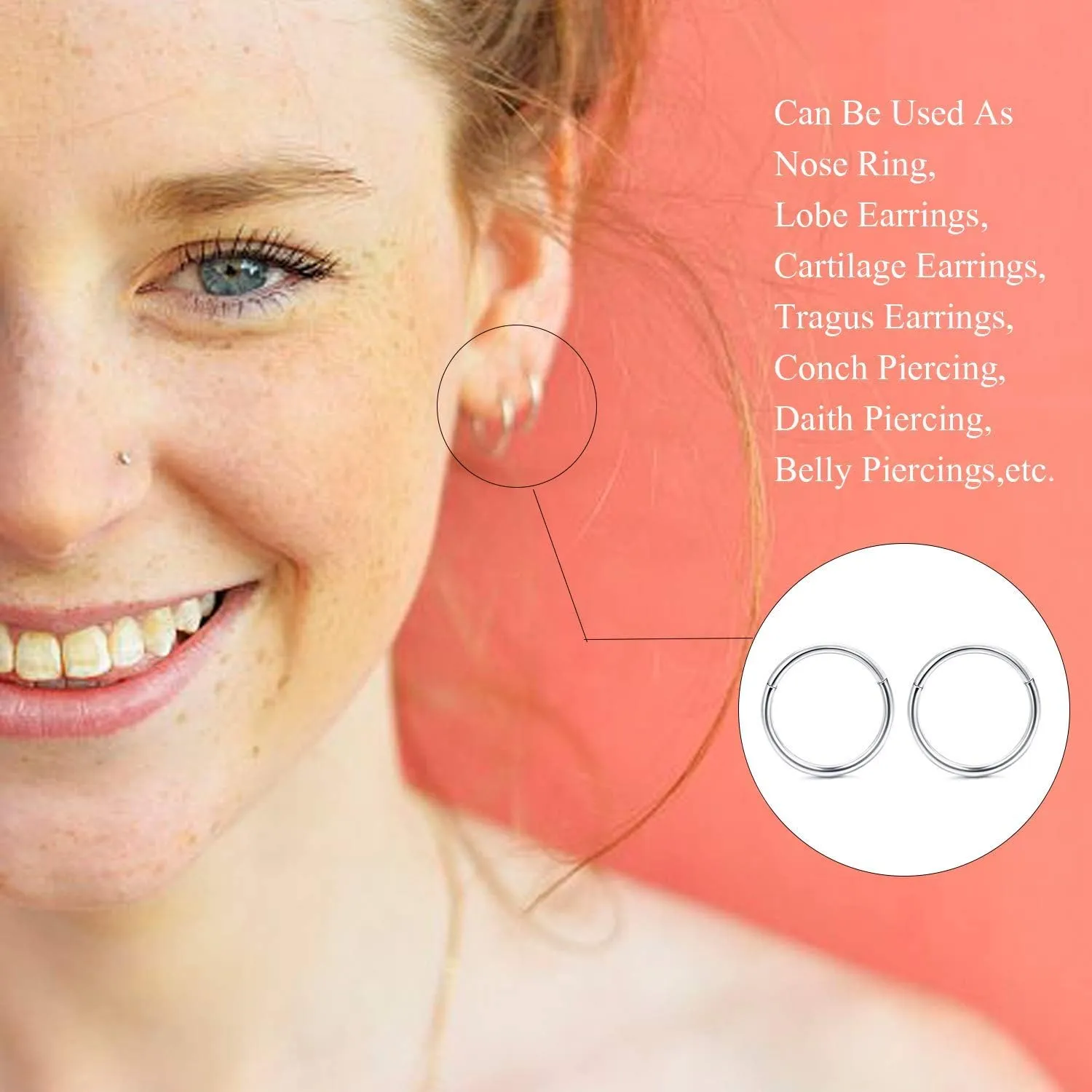 Jstyle 10Pcs 16G 18G Stainless Steel Hinged Clicker Segment Nose Rings Hoop Helix Cartilage Daith Tragus Sleeper Earrings 8-12MM Improved