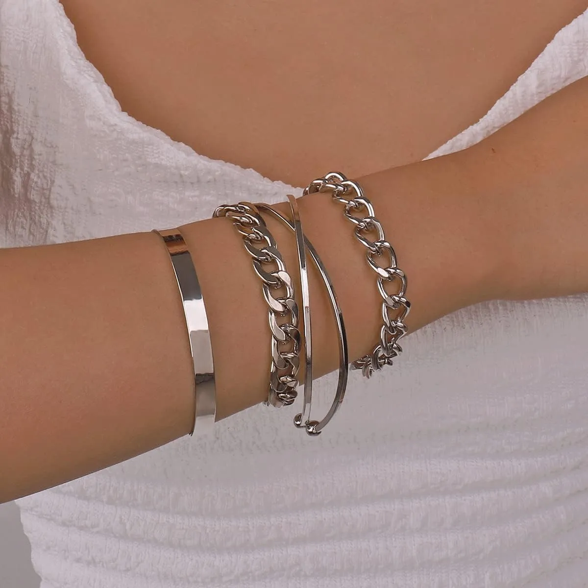 Jumwrit Silver Chain Bracelets Set Curb Link Chain Bracelets Dainty Cuff Bangle Bracelets for Women Open Wrist Cuffs Stackable Bracelets