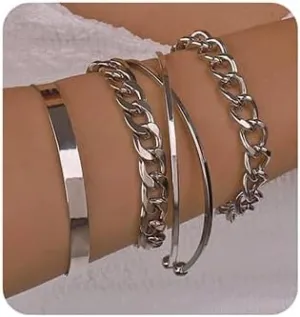 Jumwrit Silver Chain Bracelets Set Curb Link Chain Bracelets Dainty Cuff Bangle Bracelets for Women Open Wrist Cuffs Stackable Bracelets