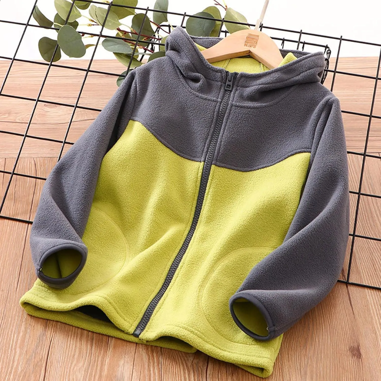 Kids Full Zip Polar Fleece Jacket Color Block Fleece Hoodie Boys Girls Hooded Sweatshirt Lightweight Windproof Coat