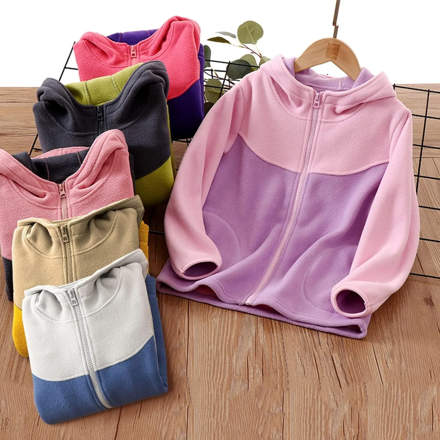 Kids Full Zip Polar Fleece Jacket Color Block Fleece Hoodie Boys Girls Hooded Sweatshirt Lightweight Windproof Coat