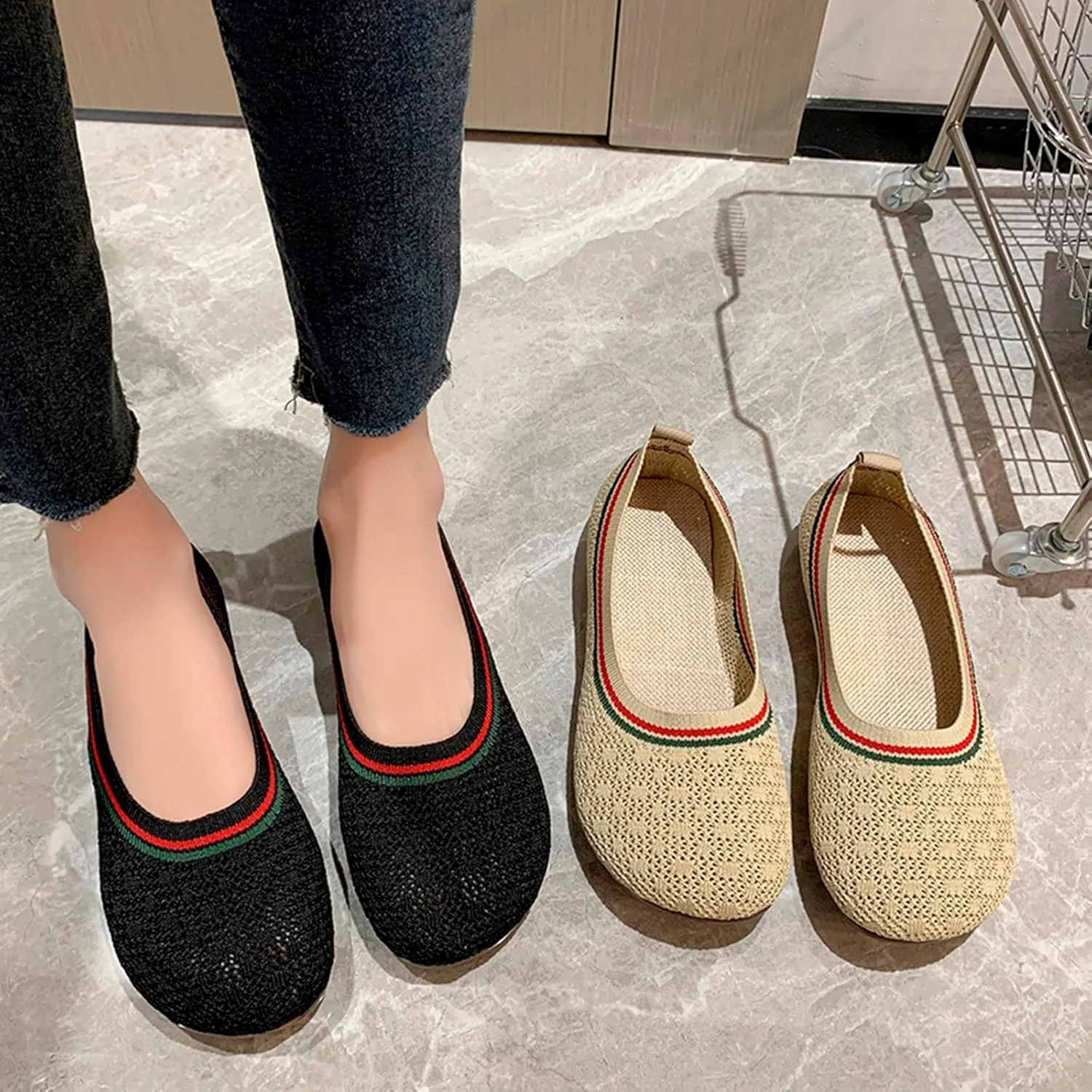 Ladies Fashion Breathable Mesh Knitted Round Toe Flat Sole Comfortable Casual Shoes Mens Dress Shoe Casual