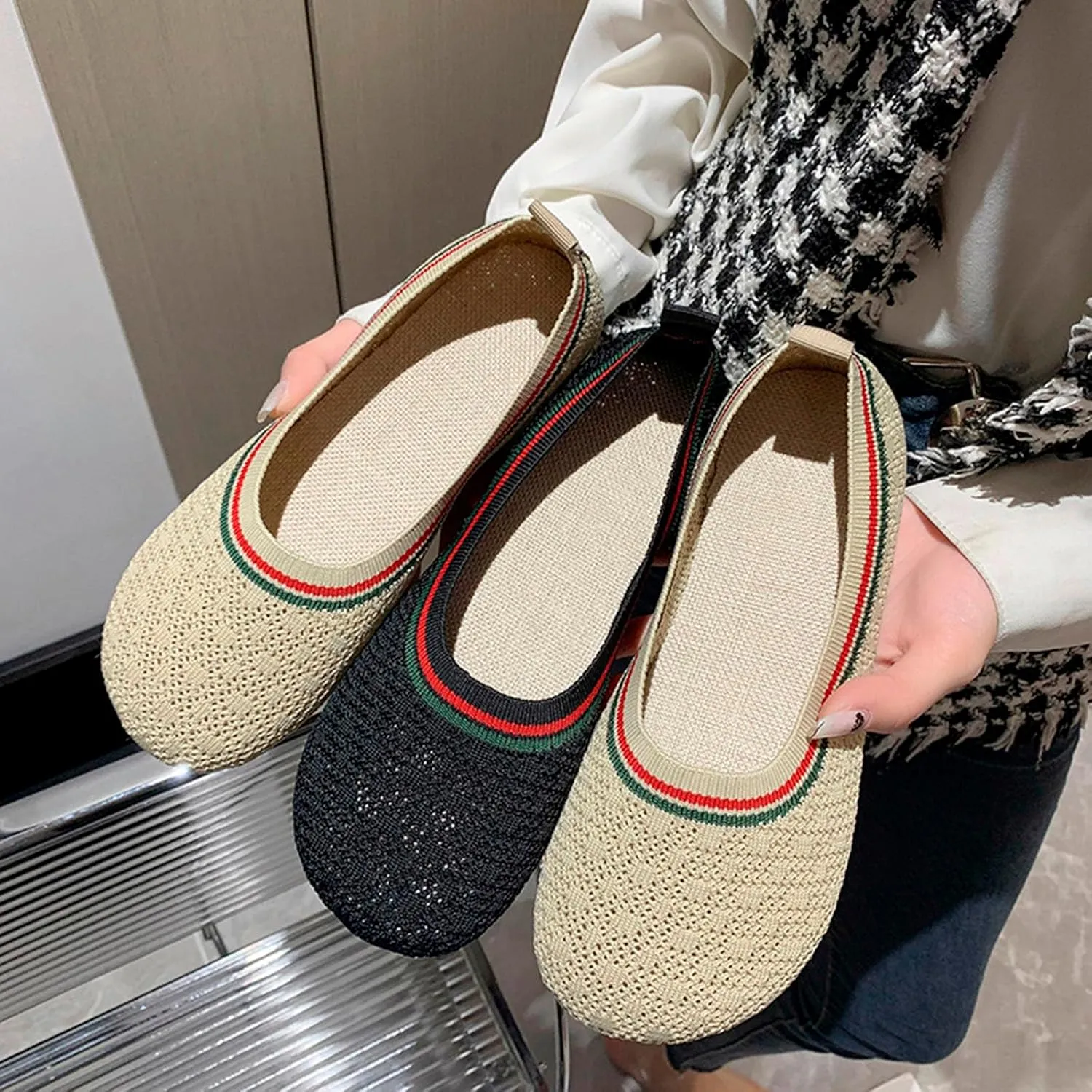 Ladies Fashion Breathable Mesh Knitted Round Toe Flat Sole Comfortable Casual Shoes Mens Dress Shoe Casual