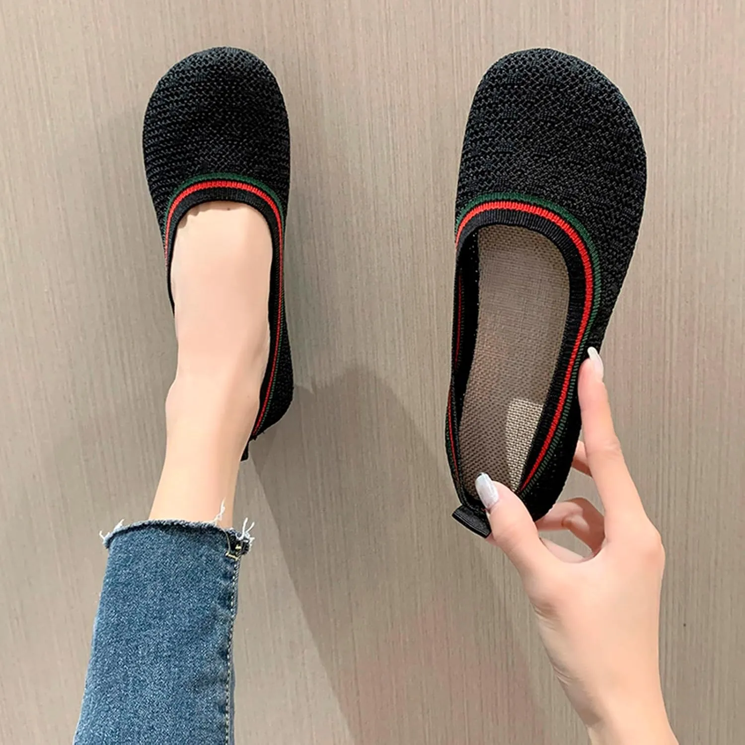 Ladies Fashion Breathable Mesh Knitted Round Toe Flat Sole Comfortable Casual Shoes Mens Dress Shoe Casual