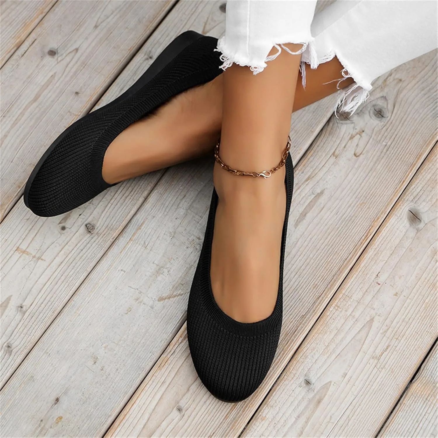 Ladies Fashion Solid Color Breathable Knitting Round Head Flat Comfortable Casual Single Casual Womens Shoes Slip on