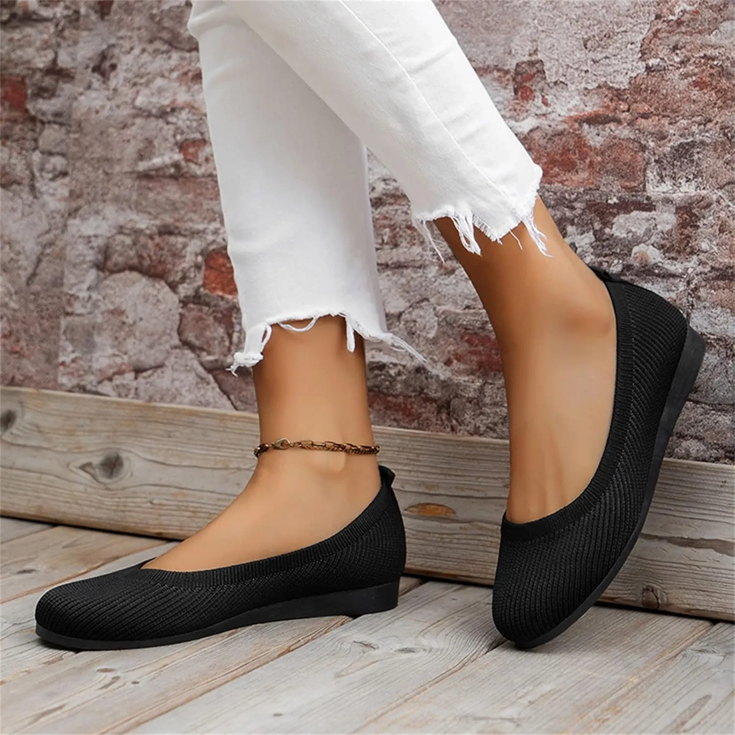 Ladies Fashion Solid Color Breathable Knitting Round Head Flat Comfortable Casual Single Casual Womens Shoes Slip on