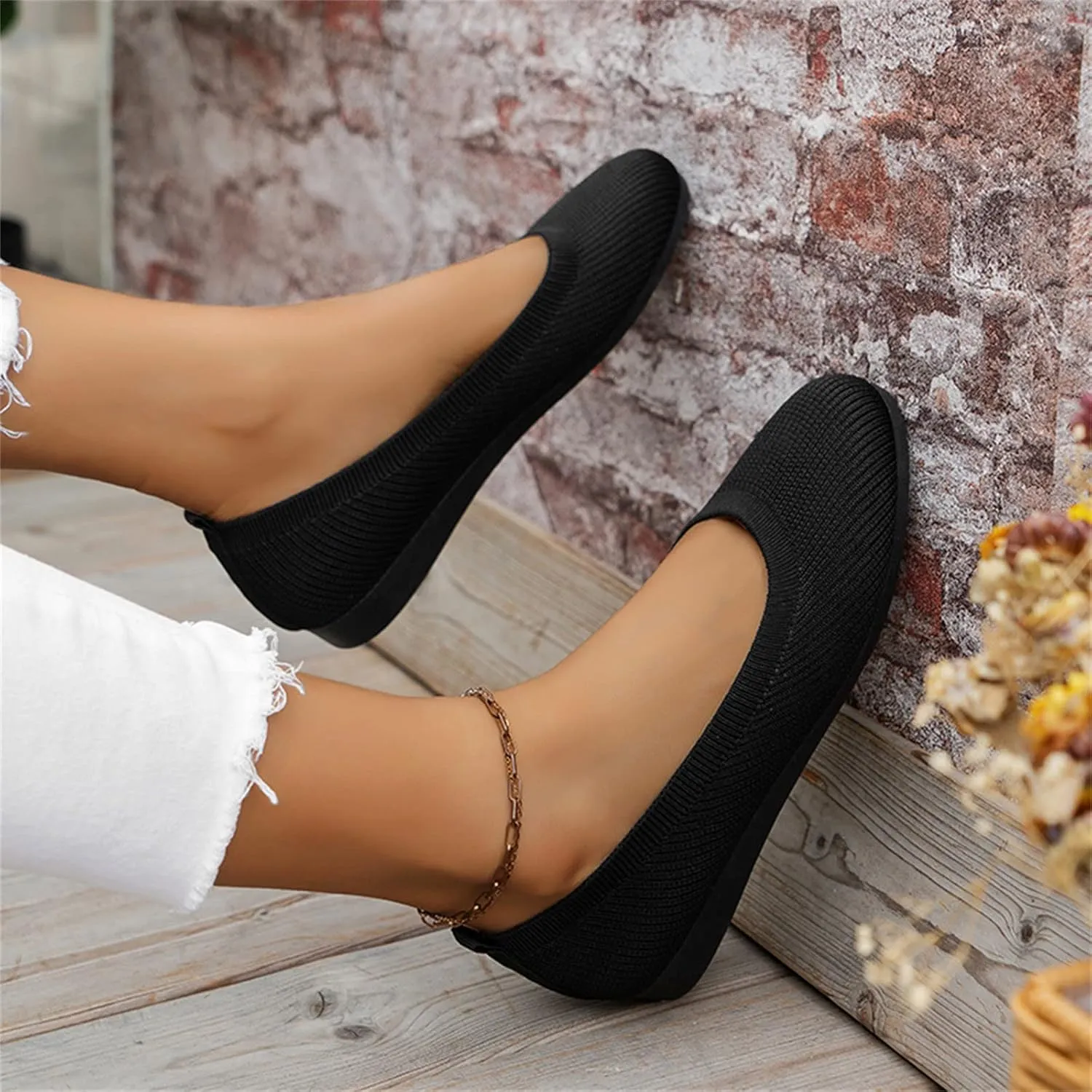 Ladies Fashion Solid Color Breathable Knitting Round Head Flat Comfortable Casual Single Casual Womens Shoes Slip on