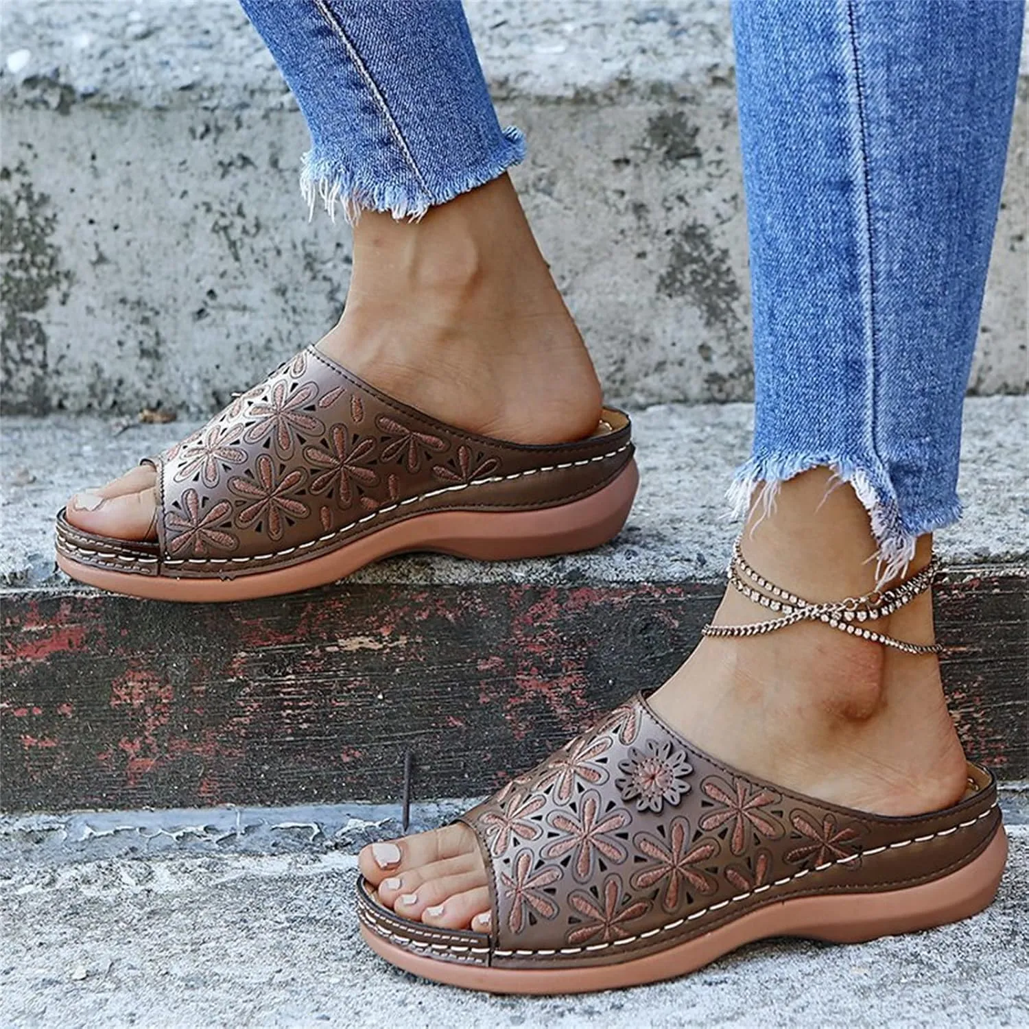 Ladmiple Sandals Women Fashion Floral Hollow-Out Orthopedic Flip Flops Arch Support Slipper Beach Travel Open Toe Sandal