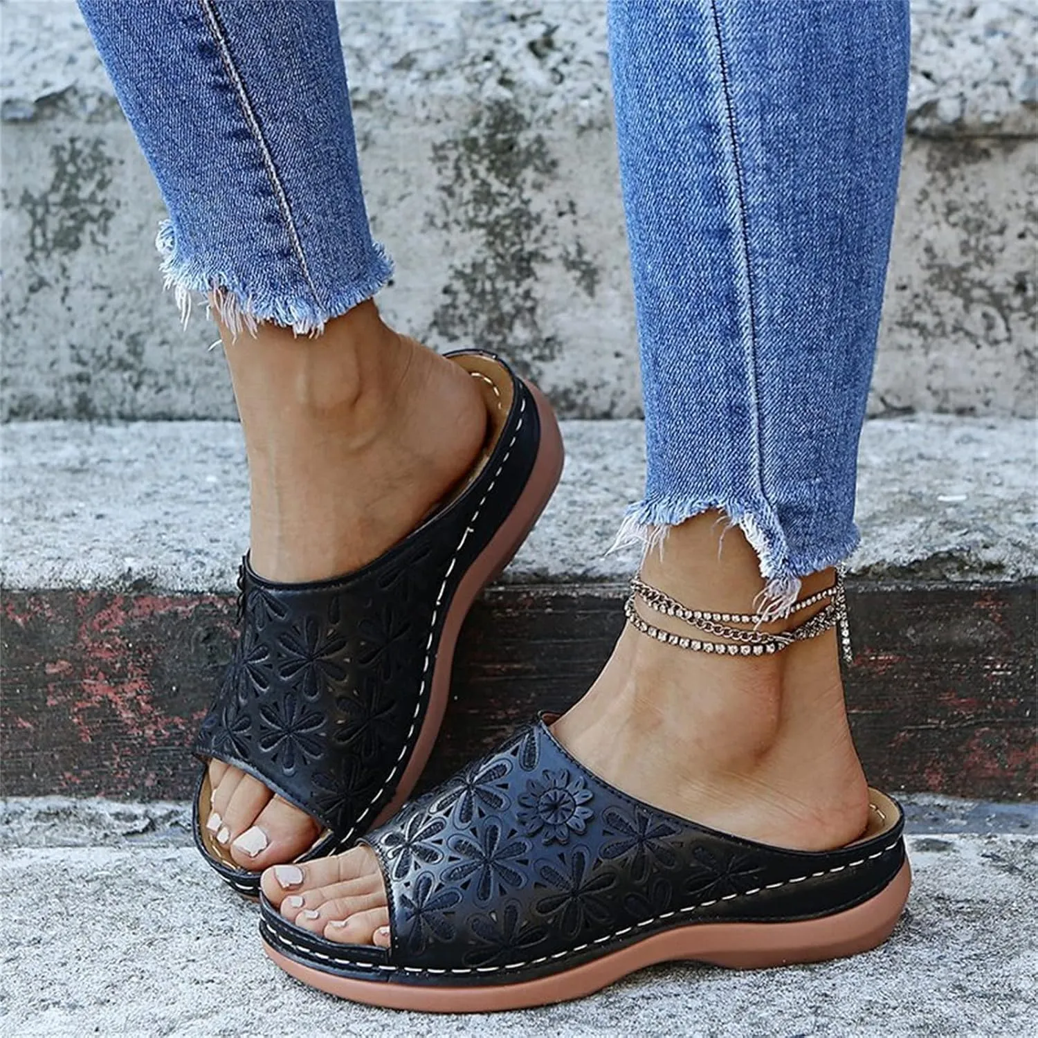 Ladmiple Sandals Women Fashion Floral Hollow-Out Orthopedic Flip Flops Arch Support Slipper Beach Travel Open Toe Sandal