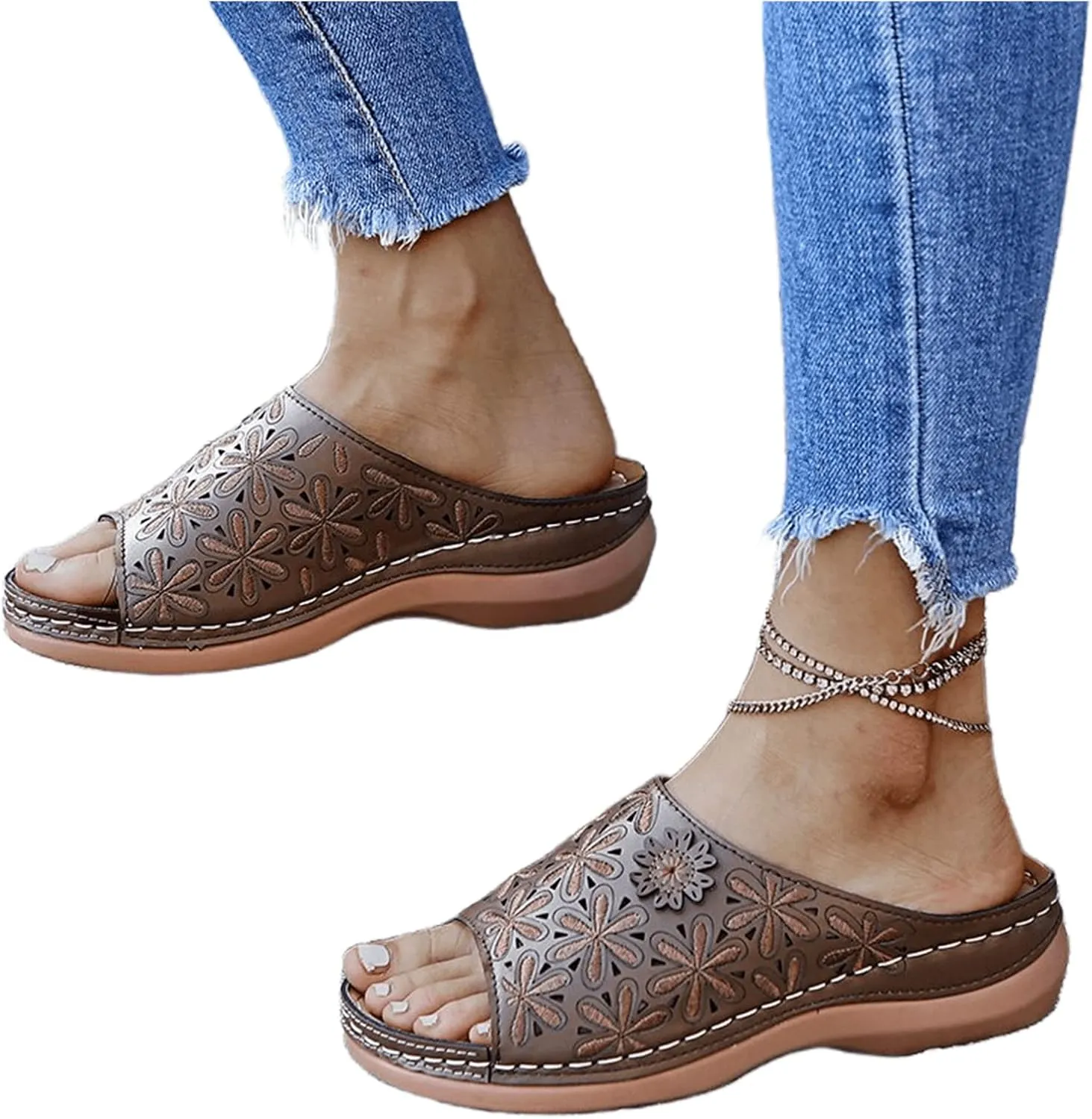 Ladmiple Sandals Women Fashion Floral Hollow-Out Orthopedic Flip Flops Arch Support Slipper Beach Travel Open Toe Sandal