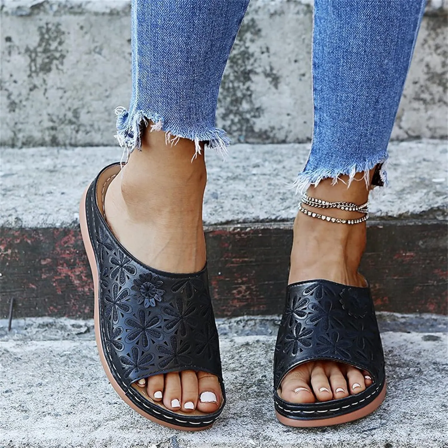 Ladmiple Sandals Women Fashion Floral Hollow-Out Orthopedic Flip Flops Arch Support Slipper Beach Travel Open Toe Sandal