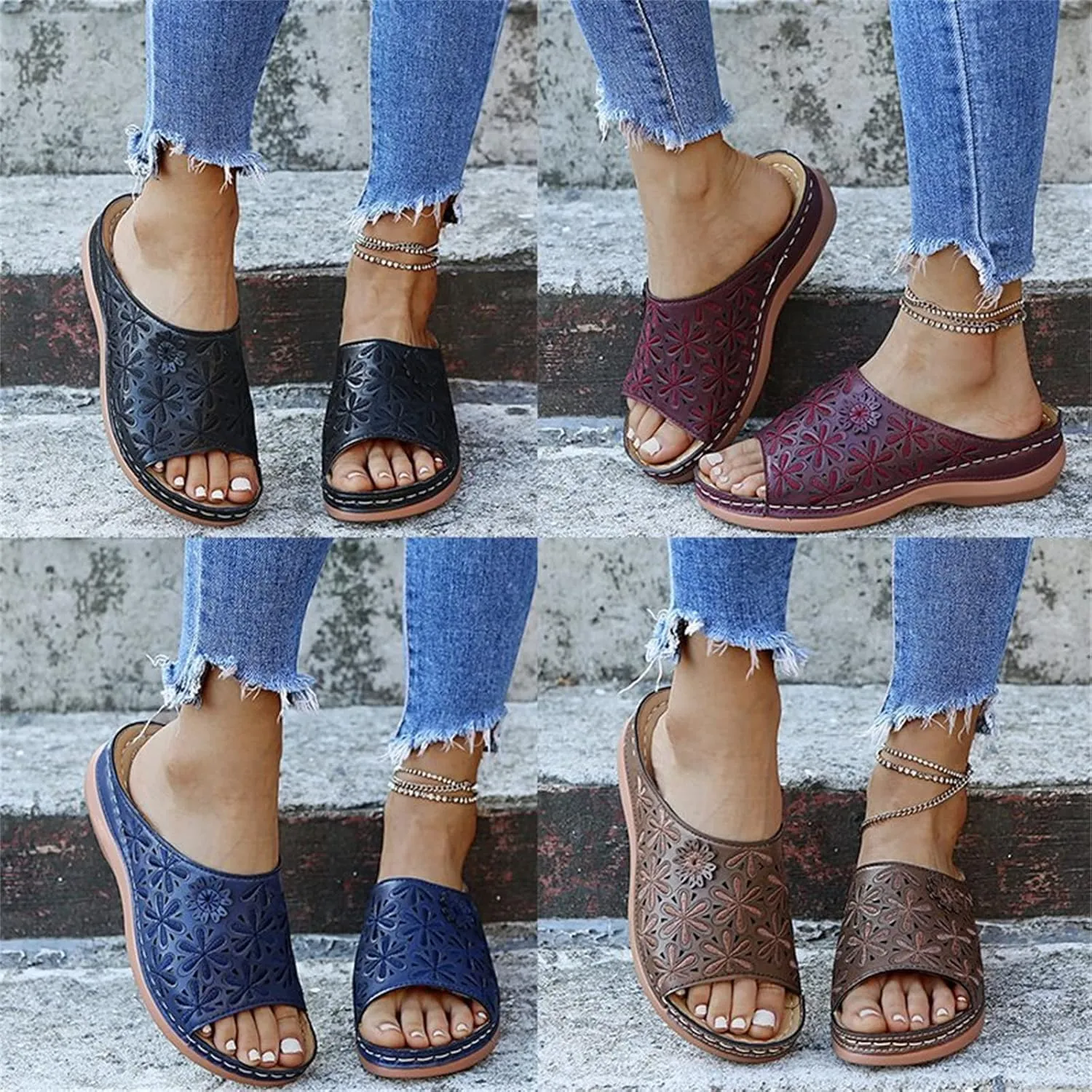 Ladmiple Sandals Women Fashion Floral Hollow-Out Orthopedic Flip Flops Arch Support Slipper Beach Travel Open Toe Sandal