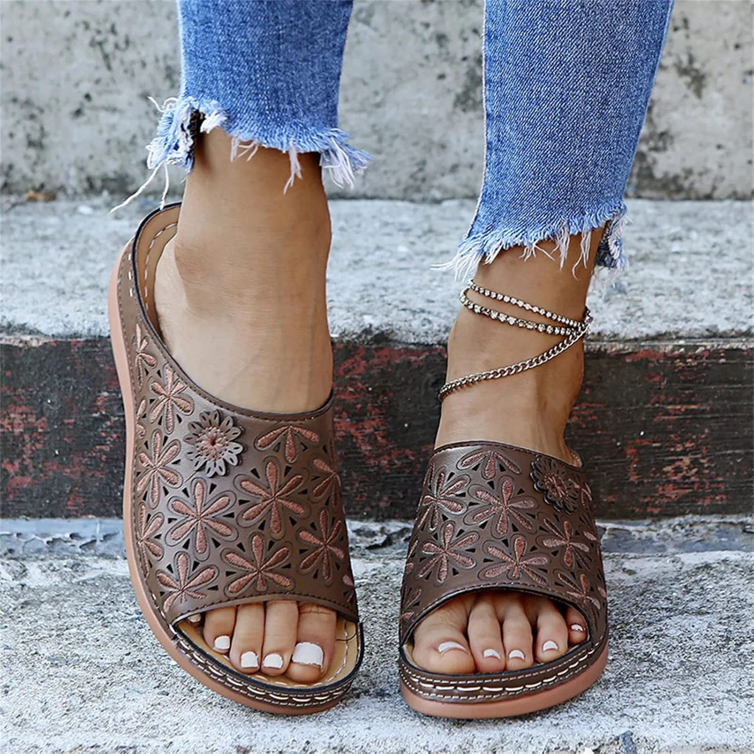 Ladmiple Sandals Women Fashion Floral Hollow-Out Orthopedic Flip Flops Arch Support Slipper Beach Travel Open Toe Sandal